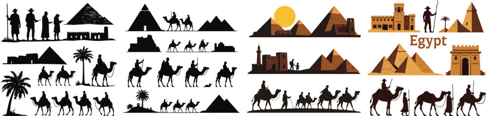 Set of ancient ruins, explorers, pyramids, and camel caravans silhouettes &ndash; Egypt Cultural Heritage Week July event vector collection isolated on white background.