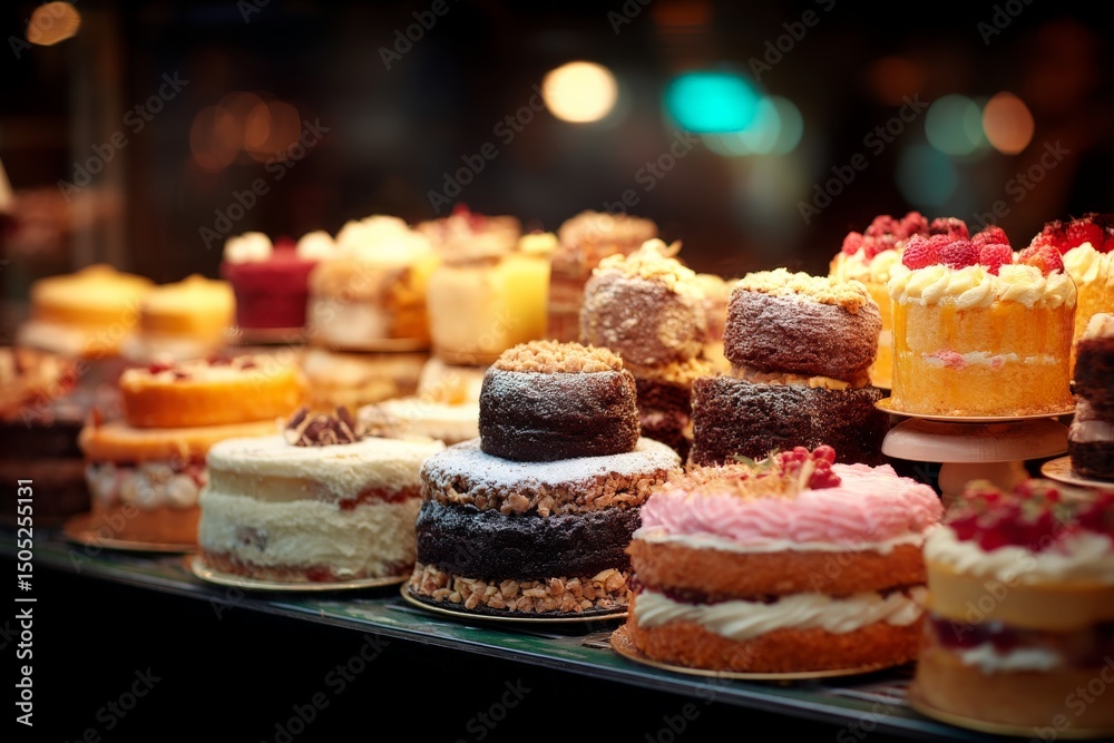 Poster Delightful array of colorful cakes displayed in a bakery during the evening, inviting sweet lovers to indulge