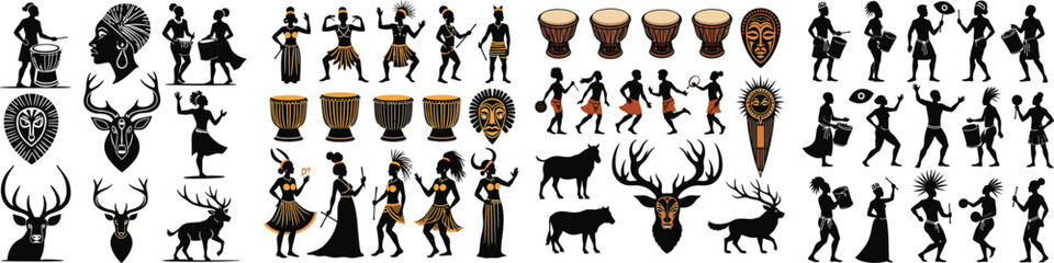 Set of African drums, dancers, tribal masks, and wildlife silhouettes – Durban International Festival South Africa symbol vector collection isolated on white background.
