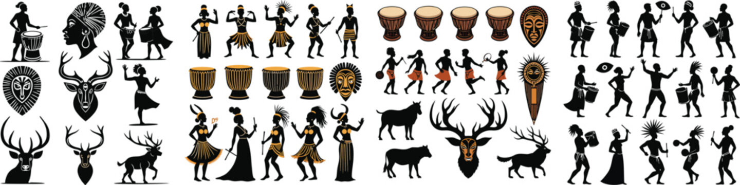 Set of African drums, dancers, tribal masks, and wildlife silhouettes &ndash; Durban International Festival South Africa symbol vector collection isolated on white background.