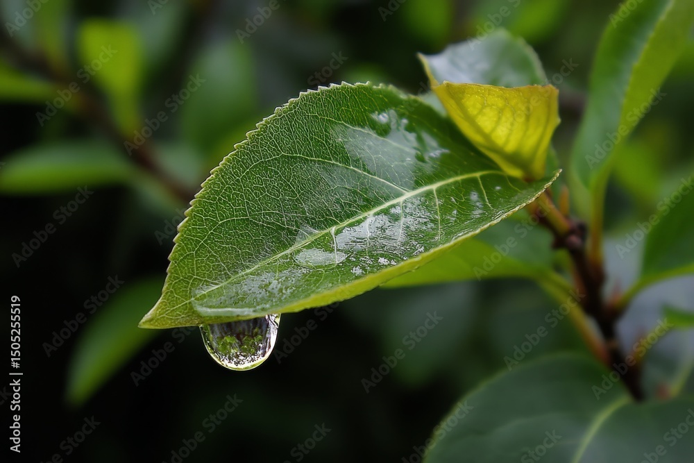 Poster close view of a green leaf with a dew drop in a lush garden during early morning hours