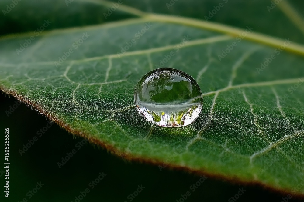Aufkleber close-up of a water droplet resting on a green leaf in a tranquil forest setting during early mornin