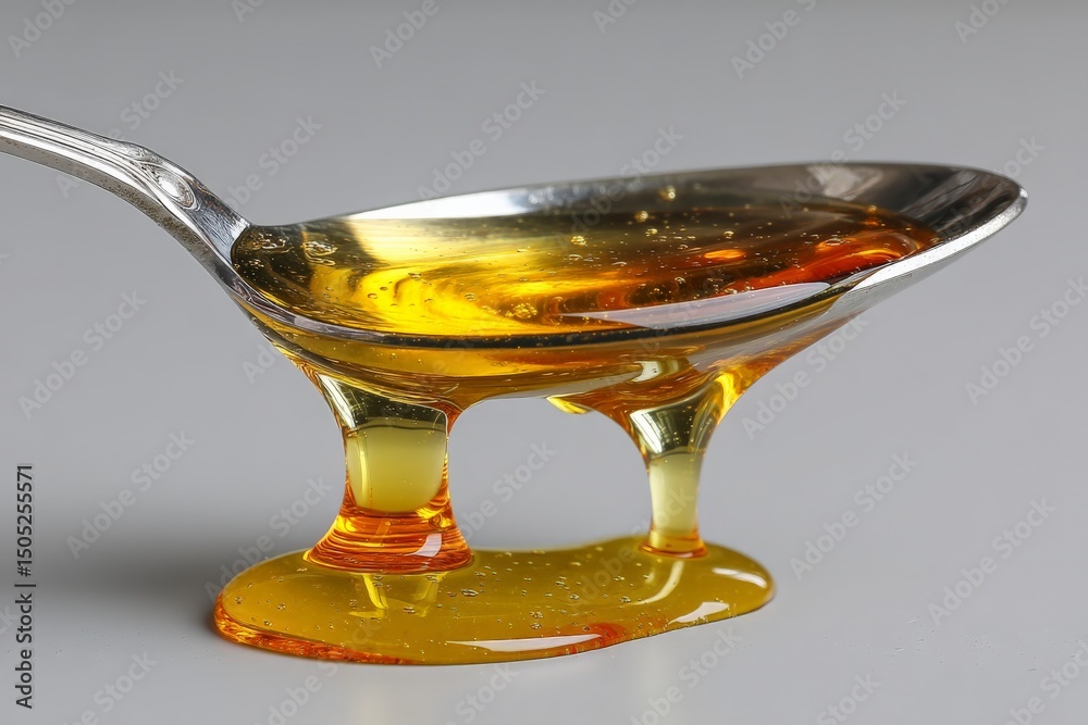 Poster Golden honey drips from a silver spoon onto a smooth surface creating a delightful pattern