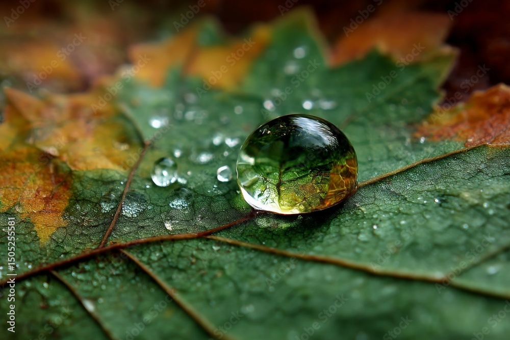 Poster close-up view of a water droplet resting on colorful autumn leaves in a forest setting