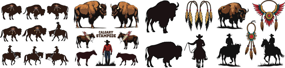 Set of 30 Wild West Cowboy and Bison Vector Illustrations