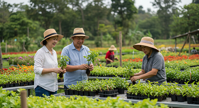 Three Farmers Working Together in a Lush Green Plant Nursery - Powered by Adobe