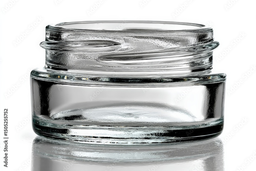 Poster clear glass jar with unique swirling design on a reflective surface captured in bright light