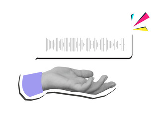 Hand holds speech bubble with a voice message. Modern collage style. Illustration on transparent background
