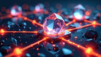 Computer chip surrounded by a cluster of rocks and a diamond