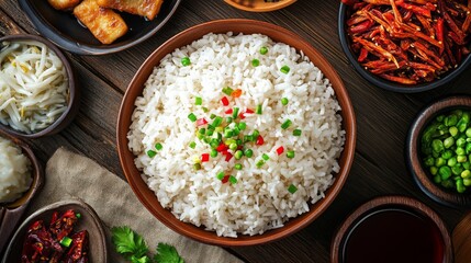 A rustic setting featuring a bowl of hot rice, accompanied by assorted side dishes and a drizzle of soy sauce, all arranged on a wooden surface for a homely feel.