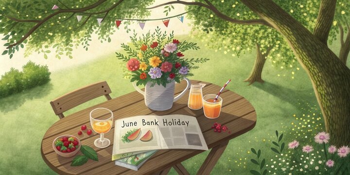 Relaxing June Bank Holiday gathering at a garden table with drinks and flowers