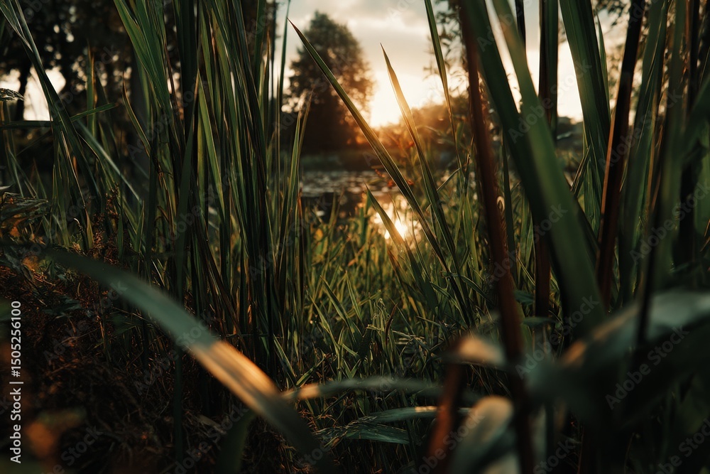 Poster sunset light shines through the grass by a tranquil water body in a serene natural setting during la