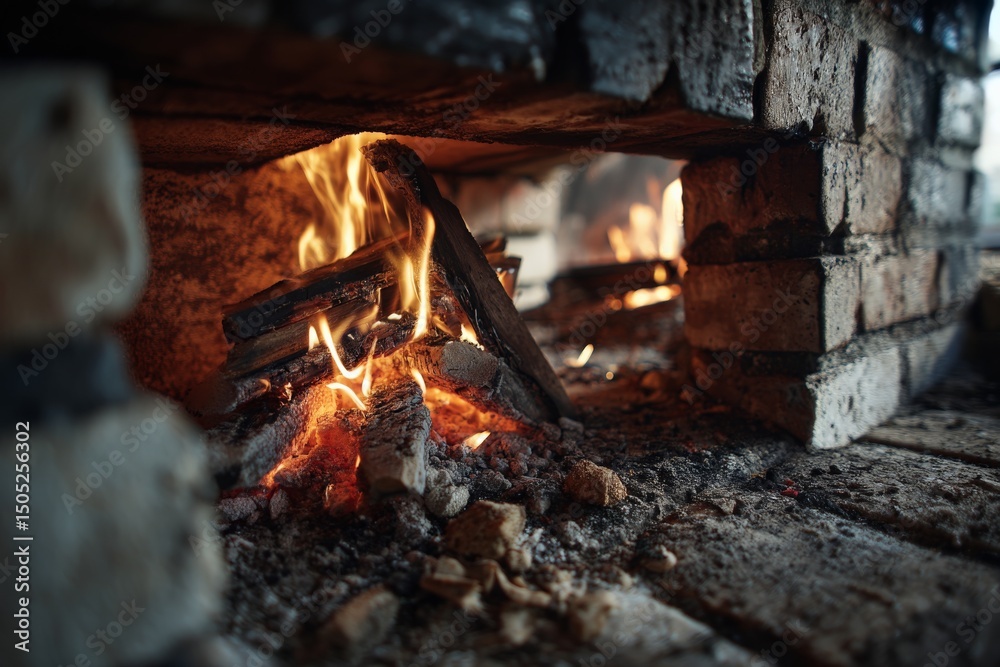 Aufkleber warm flames dancing in a rustic fireplace with brick surround, creating a cozy atmosphere in a mount