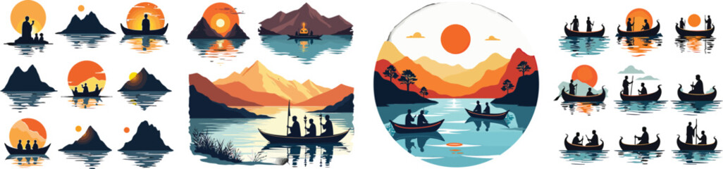 Set of sacred lake, pilgrims, Buddhist symbols, and ritual boat silhouettes – Hemis Festival Ladakh India July event symbol vector collection isolated on white background.