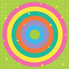 Vector rainbow color circles background. Summer theme pattern. Bright colorful beautiful geometric pattern. Notebook checkered. Modern kids wallpaper. Pool party event. Abstract triangles yellow dots