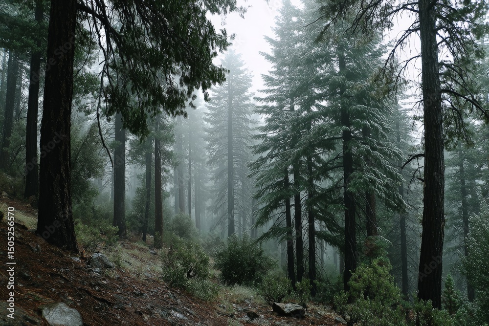 Poster misty forest landscape with tall trees and dense fog creating a serene atmosphere in early morning l