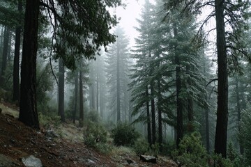 Fototapeta premium Misty forest landscape with tall trees and dense fog creating a serene atmosphere in early morning light
