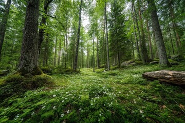 Naklejka premium Lush green forest with wildflowers during a serene morning in nature's embrace