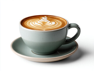 classic cappuccino in a ceramic cup with latte art, no background, high-detail food styling