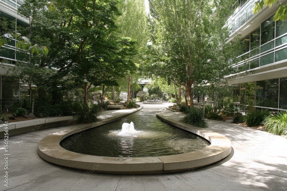 Poster serene courtyard with a winding waterway and lush greenery surrounded by modern architecture in a pe