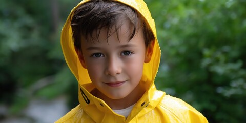 A young boy in a yellow raincoat is smiling. The boy is wearing a yellow raincoat and has wet hair