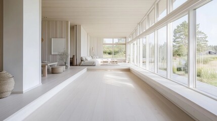 A Scandinavian-style minimalist home with light wooden flooring, neutral decor, and plenty of natural light