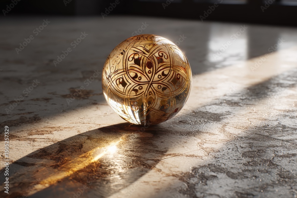 Poster Decorative glass sphere with intricate patterns resting on marble surface with sunlight casting soft shadows
