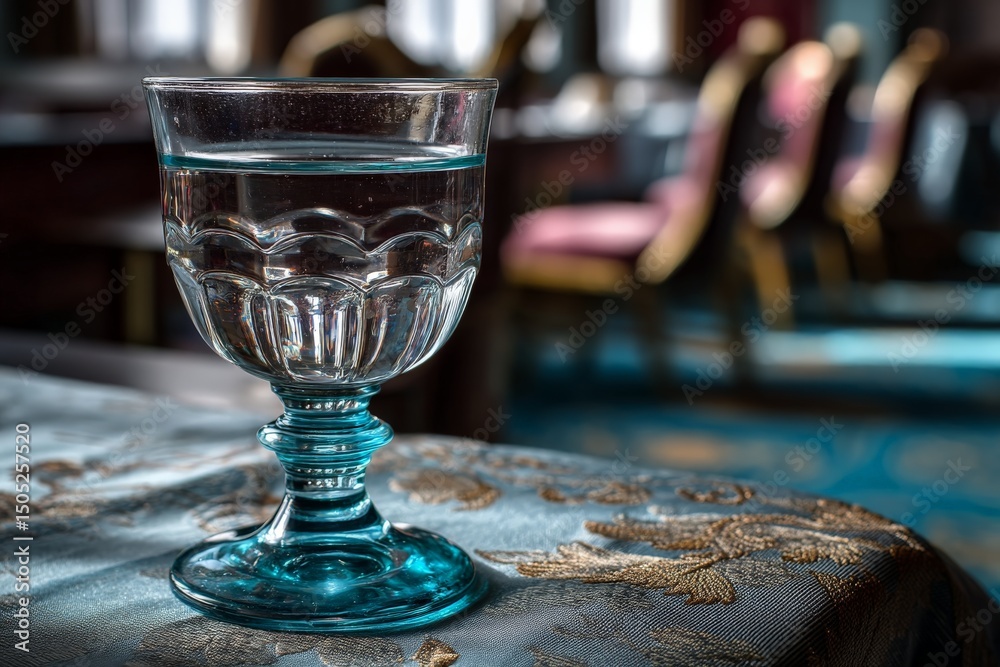 Poster glass of water on an ornate table in a dimly lit room with elegant chairs in the background during t