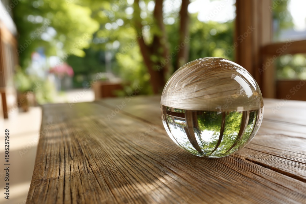 Poster reflections of nature captured in a glass sphere on a wooden table in a garden setting