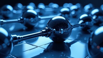 Blue sphere with a silver rod sticking out of it. The sphere is surrounded by other spheres