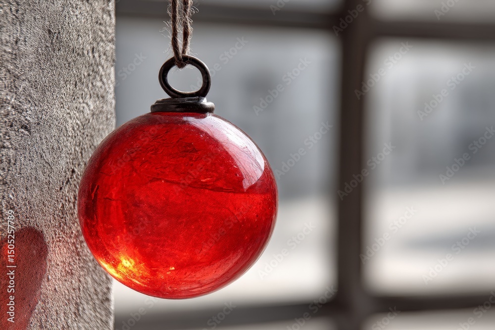 Aufkleber Vibrant red glass orb hanging by a string near windows in a serene setting during daylight