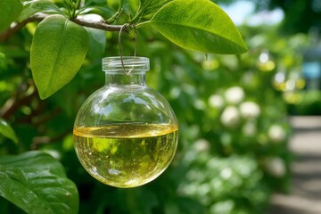 Hanging glass vial filled with yellow liquid amidst lush greenery in a garden setting during daylight
