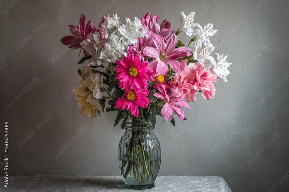 Aufkleber brightly colored flower bouquet displayed in a glass vase on a table with a neutral background