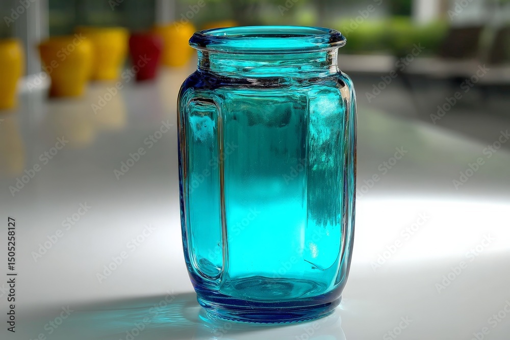 Poster bright aqua glass jar sits on a white surface under natural light in a modern setting with colorful 