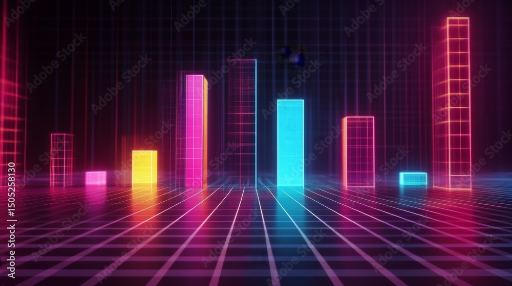 Poster a sleek d bar graph with a gradient color scheme, rising above a digital grid background