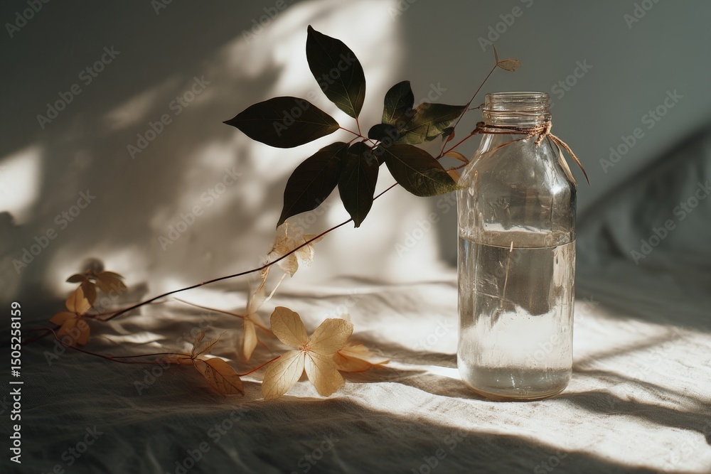 Poster water bottle adorned with leaves and flowers on a soft surface capturing warm sunlight in a tranquil