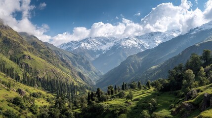 Aerial view of snow mountain range landscape with green hills and trees in summer for travel and tourism