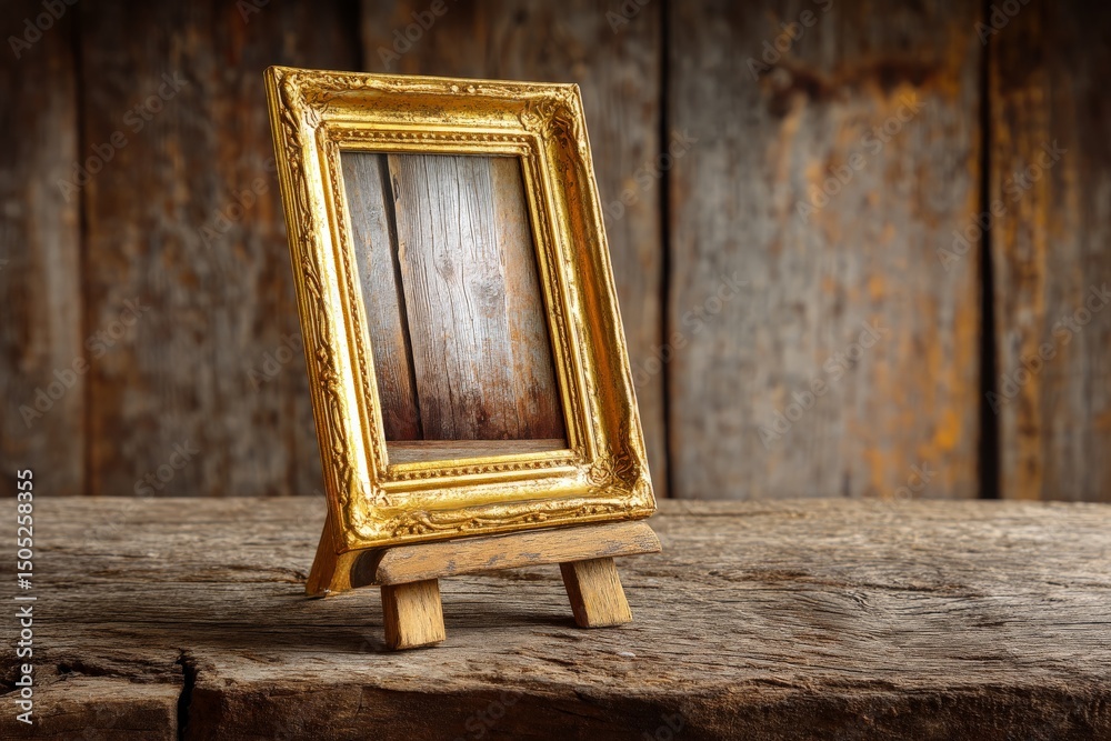 Poster ornate golden picture frame displayed on rustic wooden table against weathered wooden background