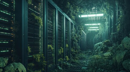Server room overgrown with plants