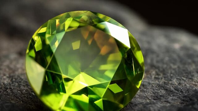 Close-up studio shot of a faceted, yellowish-green gemstone placed on a rough, dark gray surface, revealing its geometric facets and internal brilliance.