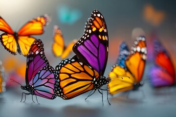 Obraz premium Butterflies fluttering in vibrant colors during a sunny day in a garden filled with flowers