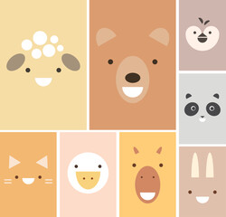 Cartoon cute different faces of animals for baby card, poster, baby shower invitation. Picture for applique, embroidery or color engraving. Flat vector illustration in a simple style. Character set