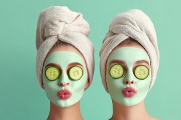 Happy young beautiful women with beauty face masks and cucumber slices on their faces. Generative Ai
