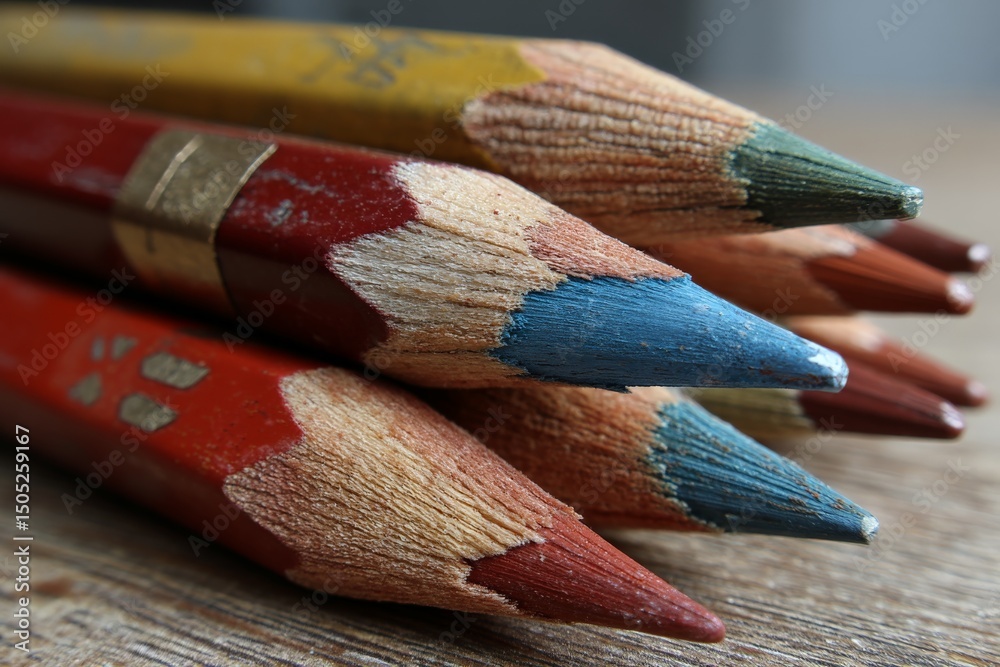 Poster collection of colored pencils arranged tightly on a wooden surface with sharp tips facing upward and