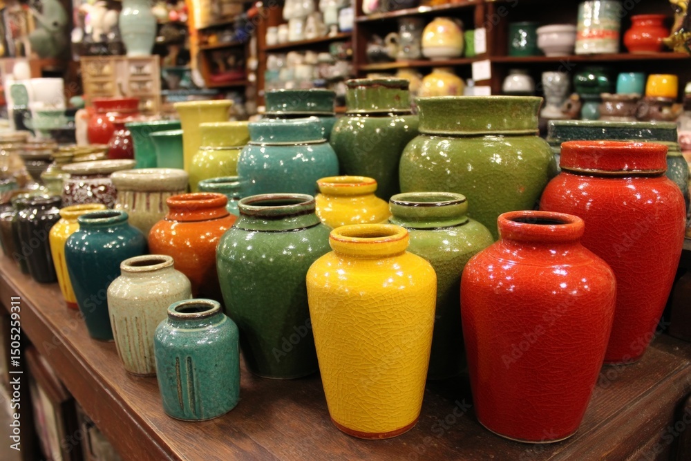 Aufkleber colorful ceramic jars arranged on a display table in a vibrant craft shop in a busy marketplace