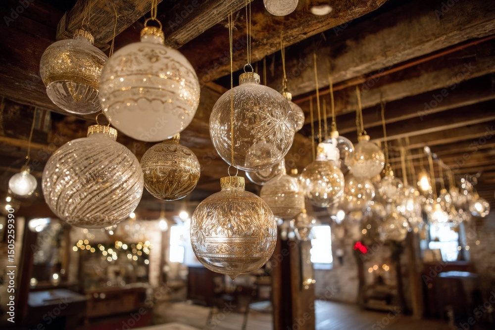 Poster decorative glass ornaments create a festive atmosphere in a rustic setting during the holiday season