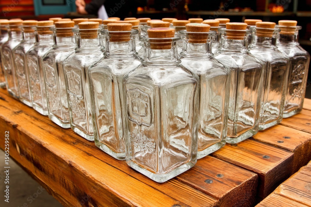 Poster Empty glass bottles arranged neatly on a wooden table in a craft setting during daylight hours