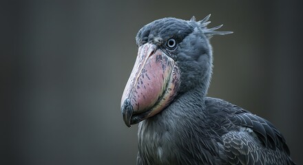 A striking Shoebill (Balaeniceps rex), also known as Whalehead, is captured in a captivating close-up portrait, showcasing its iconic, massive shoe-shaped bill and intense, prehistoric gaze. 