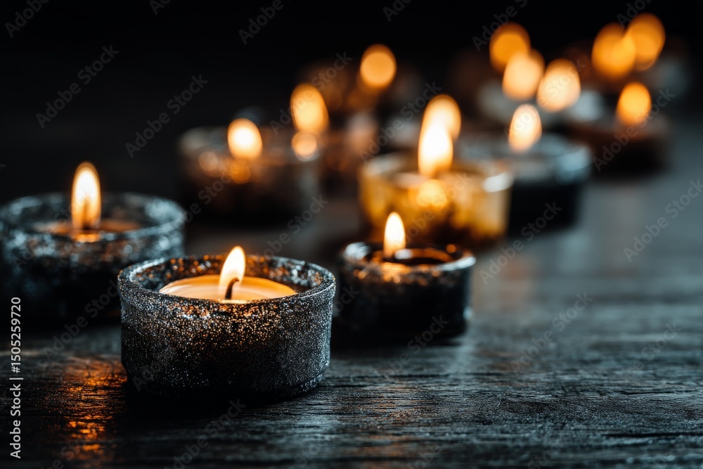 Poster soft glow of candles illuminates a dark wooden table creating a tranquil atmosphere for relaxation o