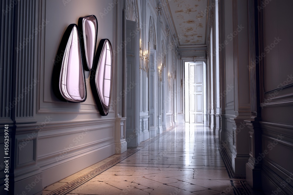 Poster elegant hallway with unique wall art and natural light creating a serene atmosphere in a classic arc